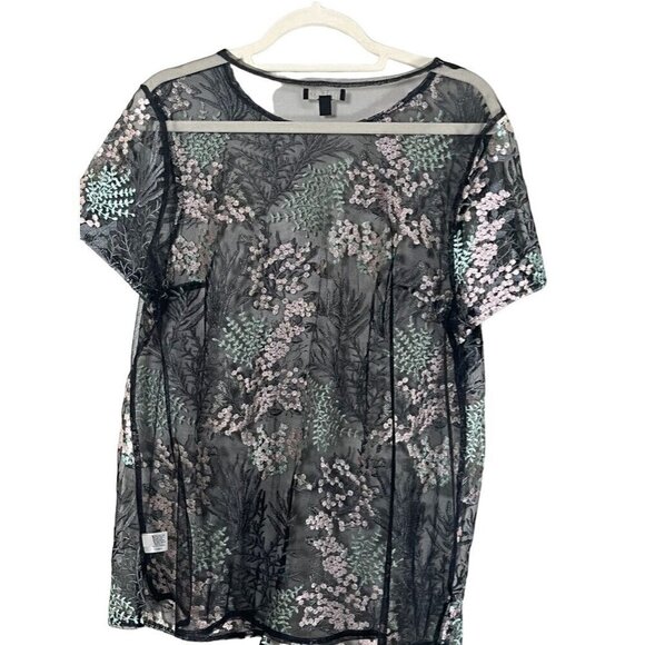 Lane Bryant Top Women 14 Black Sheer Floral Mesh Feminine Boho Western Classic - Picture 9 of 12